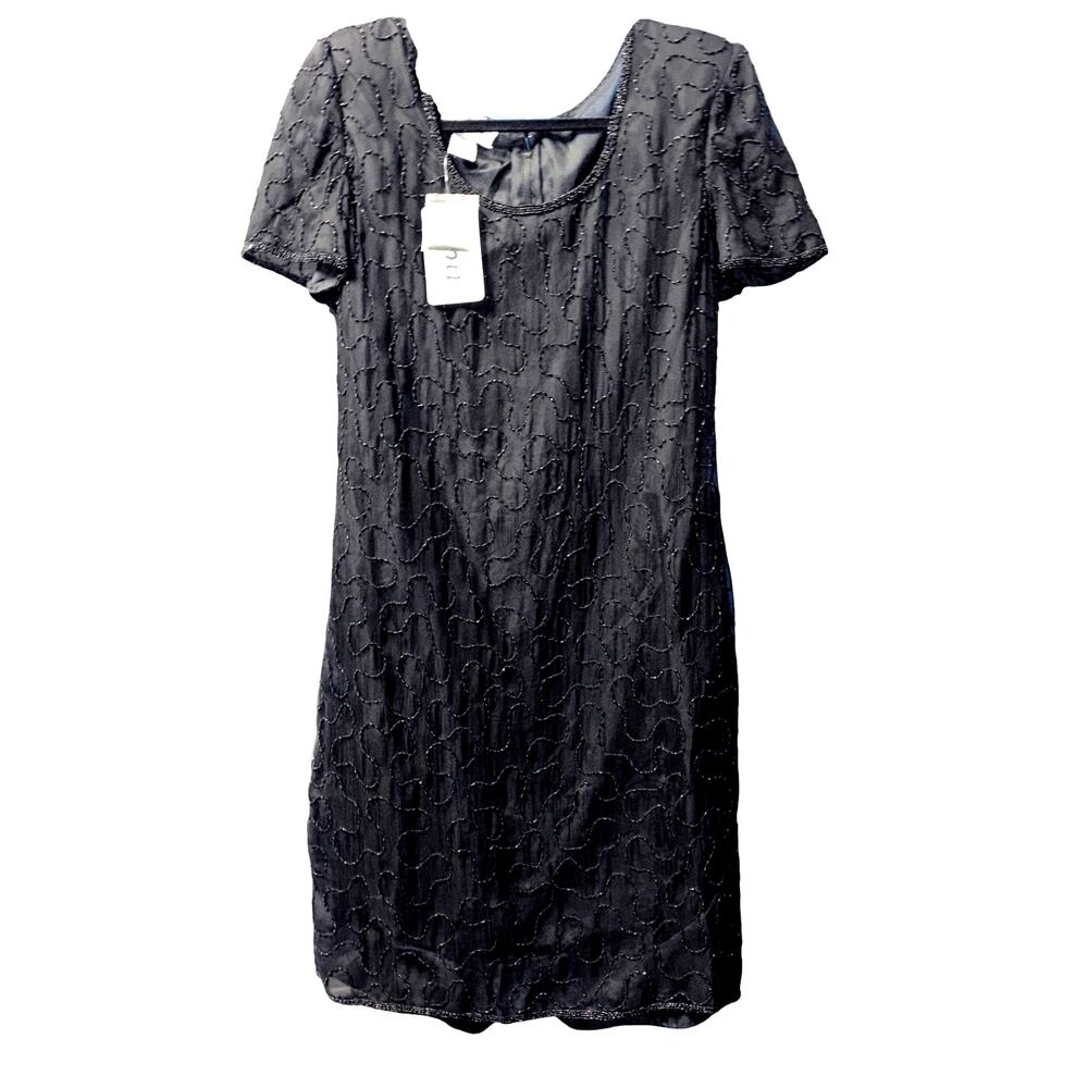 JMD Black Beaded Slik Cocktail Party Dress size XL